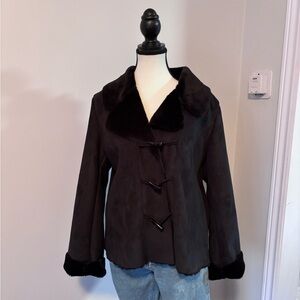 Vintage Black Suede Jacket with Faux Fur Trim Toggle Closure Size M